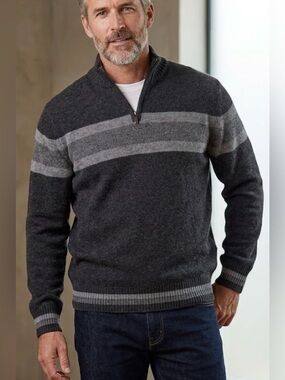 Men's Dark Gray Quarter-Zip Stripe Sweater made in Italy